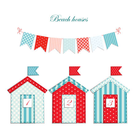 Cute beach huts as retro fabric appliqueのイラスト素材