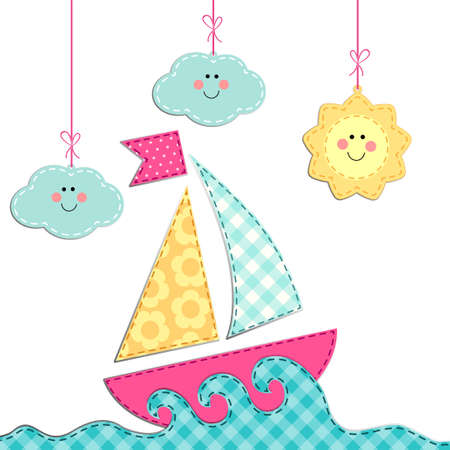 Cute retro card with ship, sea, clouds and sun as fabric appliqueのイラスト素材