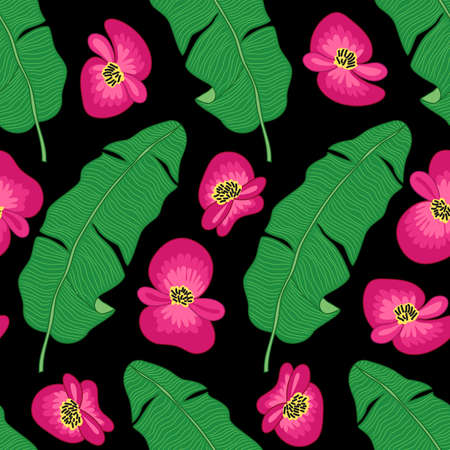 Beautiful green botanical seamless pattern with tropical flowers and foliage as banana palm tree...
