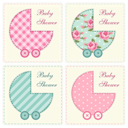 Cute baby shower invitation as retro fabric applique of baby carriage in shabby chic styleのイラスト素材