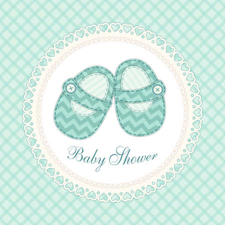 Cute baby shower card with baby shoes as retro fabric applique in shabby chic styleのイラスト素材