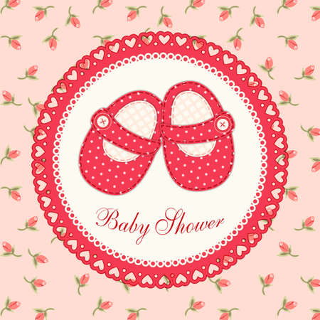 Cute baby shower card with baby shoes as retro fabric applique in shabby chic styleのイラスト素材