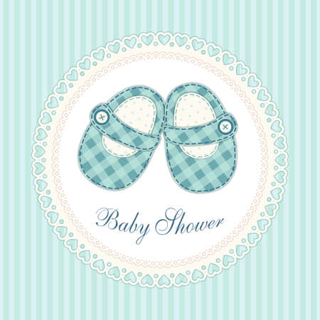 Cute baby shower card with baby shoes as retro fabric applique in shabby chic styleのイラスト素材