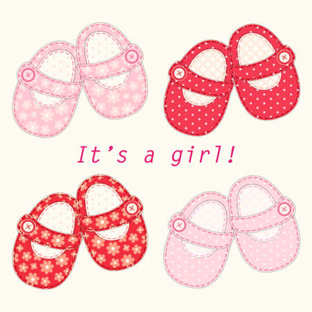 Cute baby shower card with baby shoes as retro fabric applique in shabby chic styleのイラスト素材