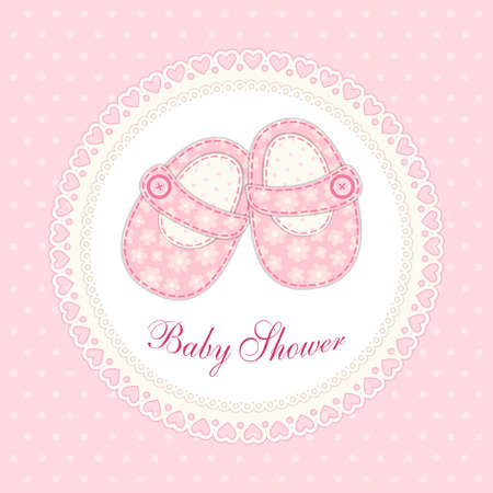 Cute baby shower card with baby shoes as retro fabric applique in shabby chic styleのイラスト素材