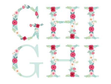 Cute vintage alphabet letters with hand drawn rustic flowersのイラスト素材