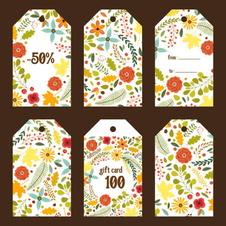 Cute autumn gift tags bundle with hand drawn rustic flowers and leaves ornament for your decorationのイラスト素材