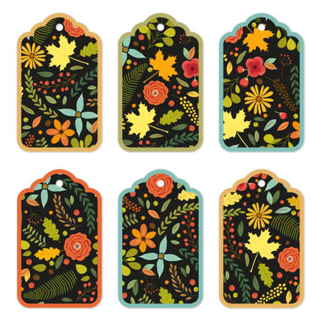 Cute autumn gift tags bundle with hand drawn rustic flowers and leaves ornamentのイラスト素材