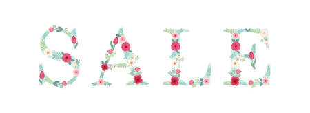 Beautiful seasonal shop banner with letters decorated with hand drawn rustic flowersのイラスト素材