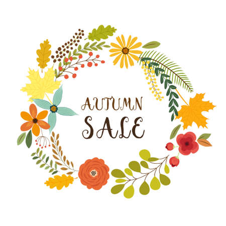 Cute rustic hand drawn wreath with nature elements in traditional autumn colorsのイラスト素材