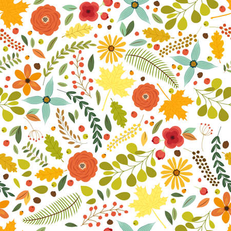 Cute seamless pattern with rustic hand drawn nature elements in traditional autumn colorsの写真素材