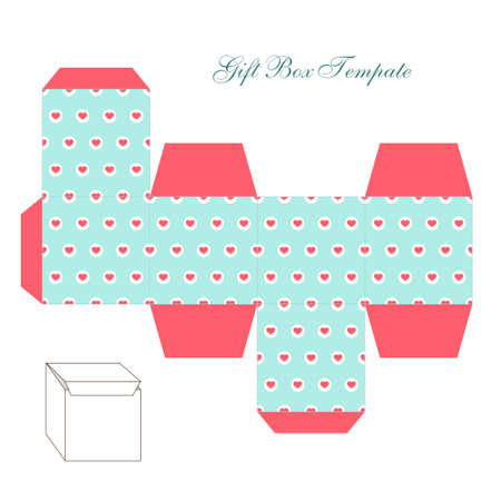 Cute retro square gift box template with hearts ornament to print, cut and foldのイラスト素材