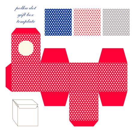 Cute retro square gift box template with polka dots ornament to print, cut and foldのイラスト素材