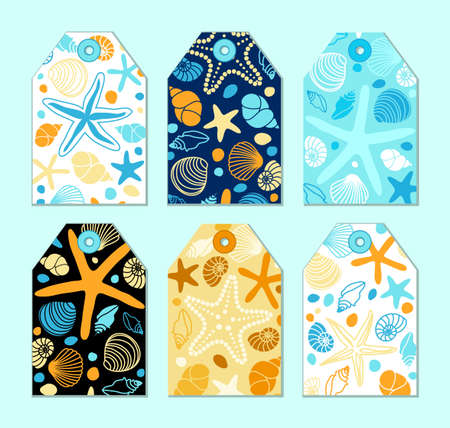 Cute vintage tags with hand drawn shells and starfishesのイラスト素材