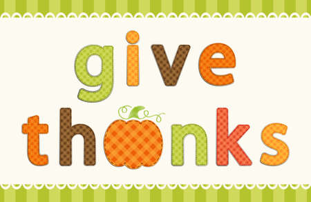 Thanksgiving retro applique of fabric gingham letters and cute pumpkin in autumn colorsのイラスト素材