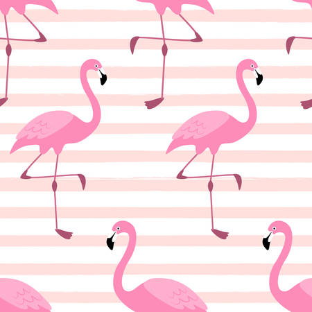 Cute exotic tropical seamless background with cartoon characters of pink flamingosのイラスト素材