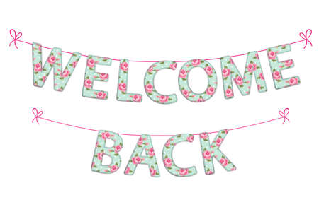 Welcome Back garland as handmade textile letters with rosesの写真素材