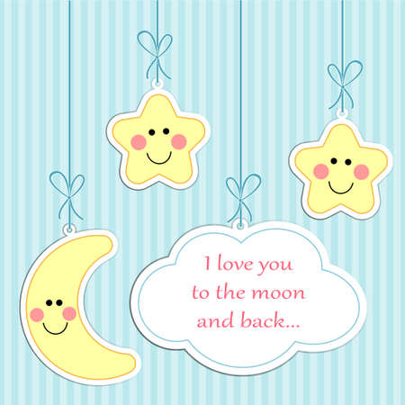 Cute cloud, star and moon on strings as baby backgroundのイラスト素材