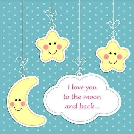 Cute cloud, star and moon on strings as baby backgroundのイラスト素材