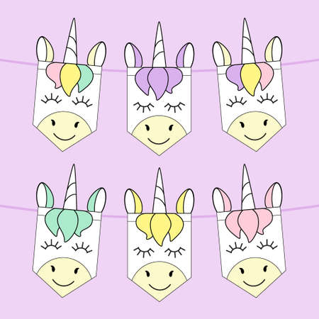 Cute childish bunting flags with magic rainbow hair unicornsのイラスト素材
