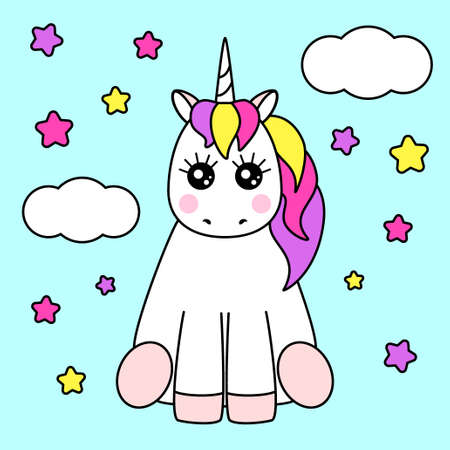 Cute childish cartoon character as magic rainbow hair unicornのイラスト素材