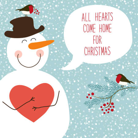 Cute retro Christmas card with funny cartoon character of snowman with speech bubbleのイラスト素材