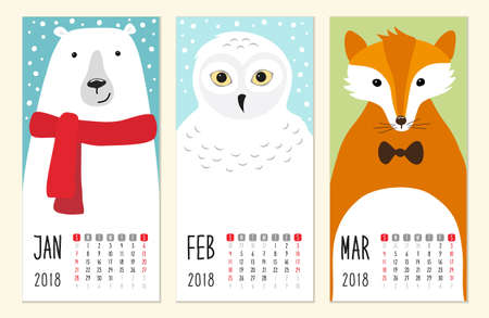 Cute 2018 calendar pages with funny cartoon animals charactersのイラスト素材