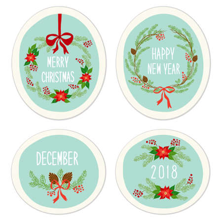 Cute Vintage Hand Drawn Christmas Holiday Floral Wreath collection for your decorationのイラスト素材