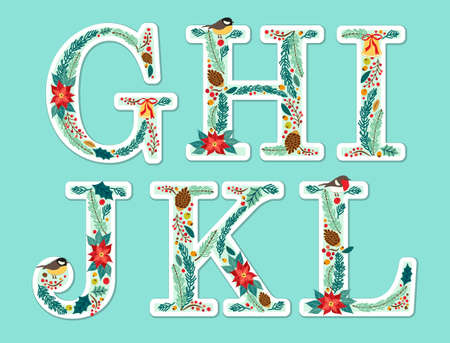 Cute vintage hand drawn rustic floral Christmas alphabetのイラスト素材