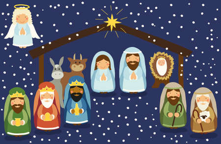 Cute hand drawn characters of Nativity scene can be used as Christmas school play bannerのイラスト素材
