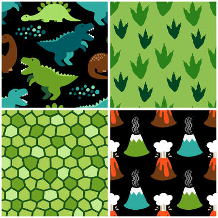 Cute set of childish seamless patterns with dinosaurs ideal for decoration of fabrics, wallpaper and different surfaces.のイラスト素材
