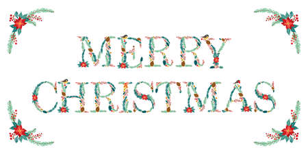 Cute vintage hand drawn rustic floral Christmas quoteのイラスト素材