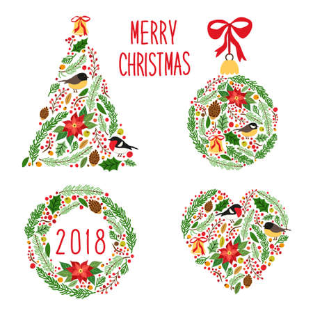 Cute vintage hand drawn rustic floral Christmas symbolsのイラスト素材
