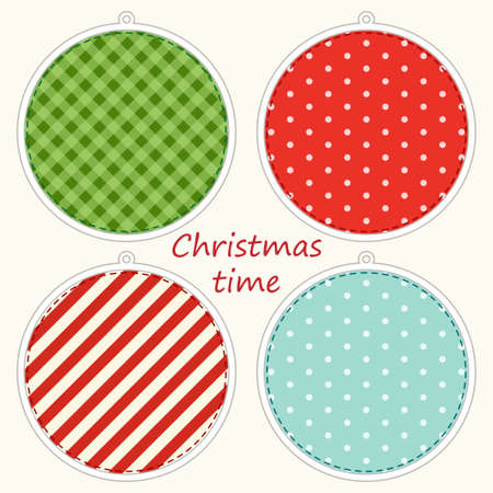 Christmas labels in shabby chic style as polka dot ,plaid and striped christmas ballsのイラスト素材