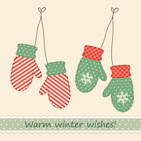 Cute fabric retro mittens as Christmas decorations in shabby chic styleのイラスト素材