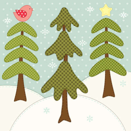 Cute winter card with forest fir trees as retro patch appliqueのイラスト素材