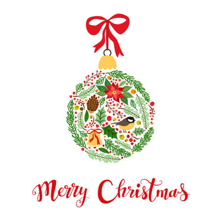 Cute vintage hand drawn rustic floral Christmas cardのイラスト素材