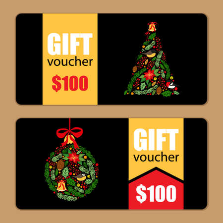 Beautiful gift voucher templates with hand drawn Christmas and New Year elements for your decoration.のイラスト素材