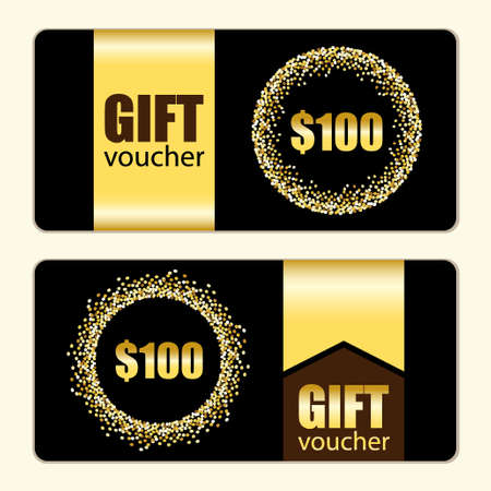 Set of festive luxury gift voucher templates with glamour golden glitter confetti for your decorationのイラスト素材