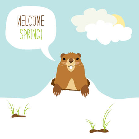 Cute Groundhog Day card as funny cartoon character of marmot with speech bubble and hand written textのイラスト素材