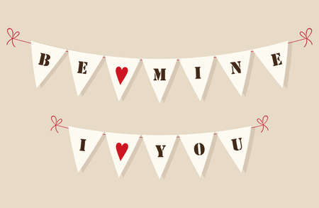 Cute vintage bunting flags with hearts and lettersのイラスト素材
