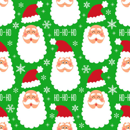 Cute childish winter seamless pattern with hand drawn Christmas elements of Santa Claus face and snowflakes backgroundのイラスト素材