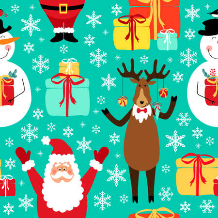 Cute winter childish seamless pattern with hand drawn Christmas cartoon characters as Santa Claus, Reindeer,  and Snowmanのイラスト素材