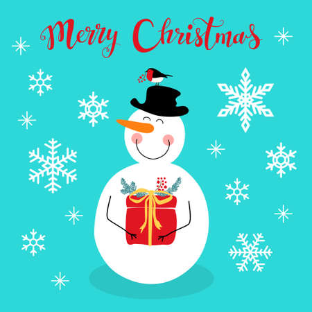 Cute Christmas greeting card with hand drawn cartoon character of Snowman, snowflakes and lettering for your decoration.のイラスト素材