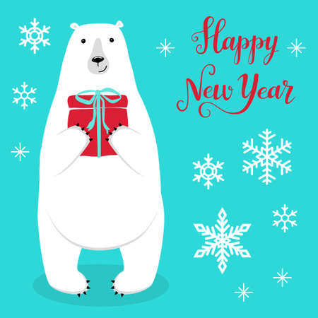 Cute Christmas greeting card with hand drawn cartoon character of Polar Bear, snowflakes and letteringのイラスト素材