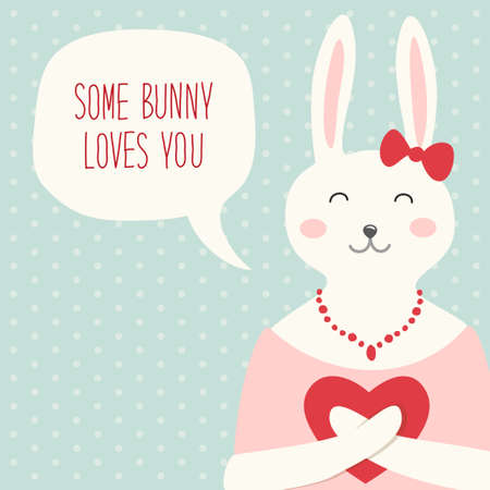 Cute retro hand drawn Valentine's Day card as funny Bunny with Heart and speech bubble with quote Some Bunny Loves Youのイラスト素材