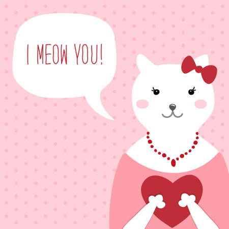 Cute retro hand drawn Valentines Day card as funny Cat with Heart and speech bubbleのイラスト素材