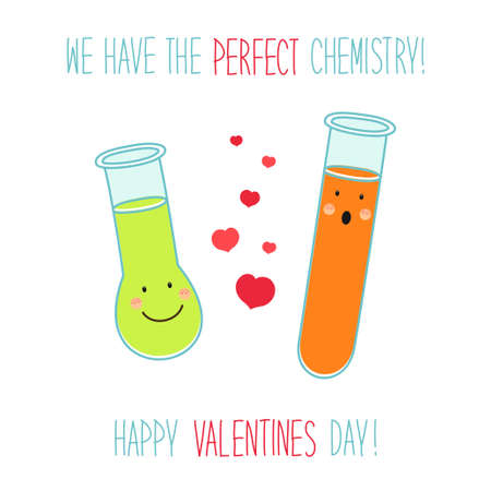 Cute unusual Valentines Day card with funny hand drawn cartoon characters of laboratory tubes and beakers and hand written text about chemistry of loveのイラスト素材