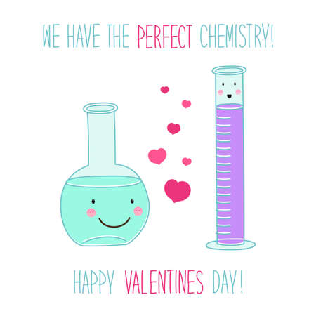 Cute unusual Valentines Day card with funny hand drawn cartoon characters of laboratory tubes and beakersのイラスト素材