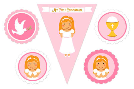 Cute set of printable elements for First Communion for girlsのイラスト素材